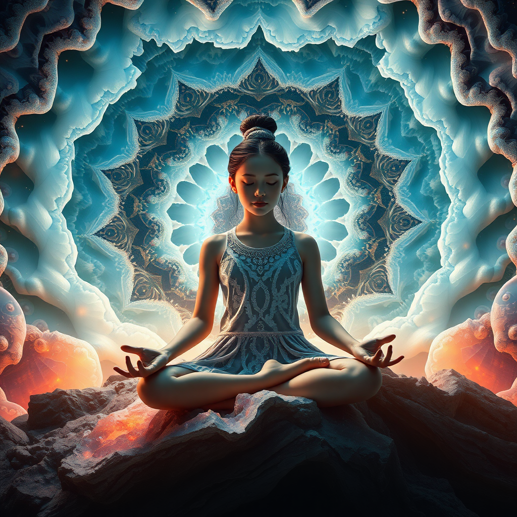 young girl doing zazen, sacred geometry, mandelbulb fractal landscape, ultra-detailed, dynamic composition, artistic photograph, geode, alabaster, fractal, brilliant colors, glittering, illumination, transparency, translucent, opal, romanticism, minimalist poster, frontal, centered, sharp focus