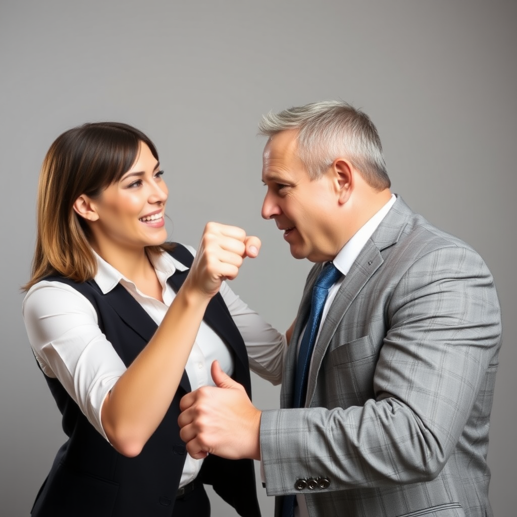 mature attractive business woman punching a man in the face