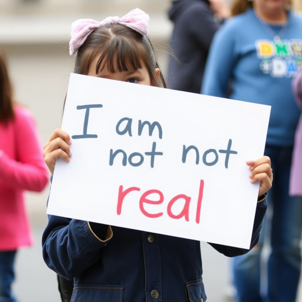 Little girl hold a sign "I am not real"