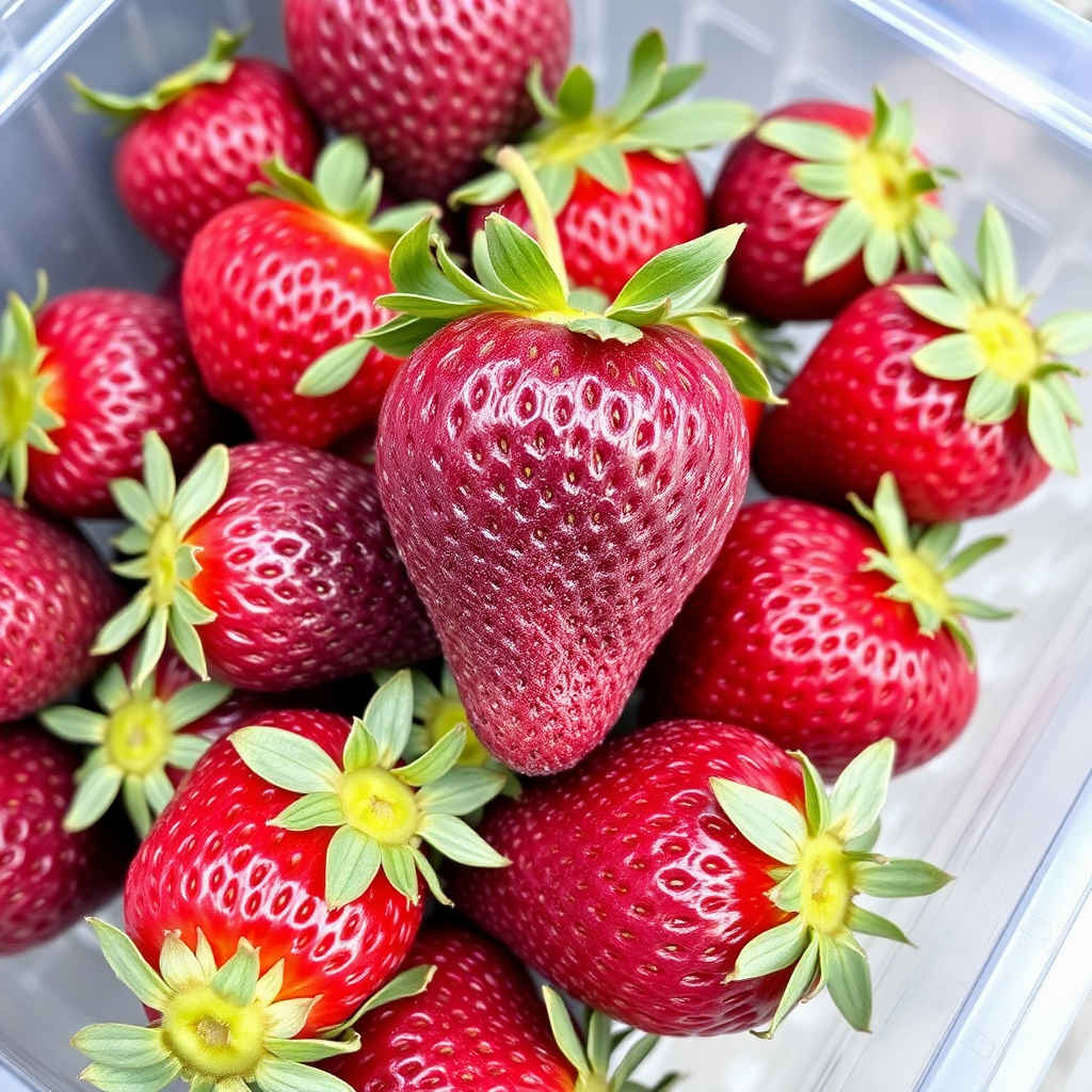 purple colored strawberries in a plastic container that do not look red