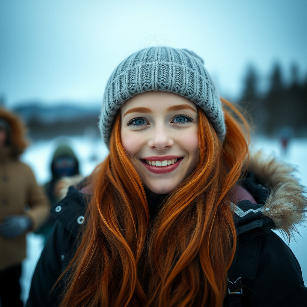 beautiful young woman with lush ginger long hair, full lips, pale skin, on Alaska during winter happy