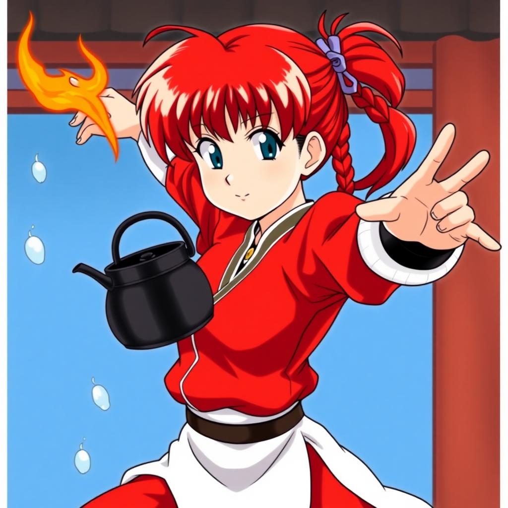 Ranma Saotome from the series Ranma 1/2 is a red-haired girl with a short braided ponytail and blue eyes; she usually wears a Chinese martial arts outfit.

Ranma is currently seen dodging a thrown kettle of hot water.