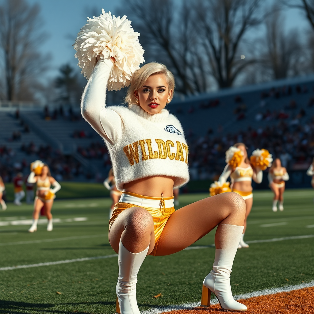 Sunny cold fall noon, college football stadium game, cheerleaders squat: Ana, European 17 years old very convincing femboy “QB’s trophy-bimbo”, tamed servile docile, very beautiful feminine flawless face, rather short boyish figure, platinum blond short tight curls, bold red lips, heavily made-up face, wearing cropped chunky fluffy very fuzzy bright white plushy mohair turtleneck-sweater with “gold “WILDCATS” letters, vinyl gold short shorts, mesh pantyhose, white vinyl thigh-high boots with golden heels, large gold-white pompoms, pearl earrings, pearl belly piercing, striking pearl tongue piercing, dancing with pompoms over her head. cheering loud.