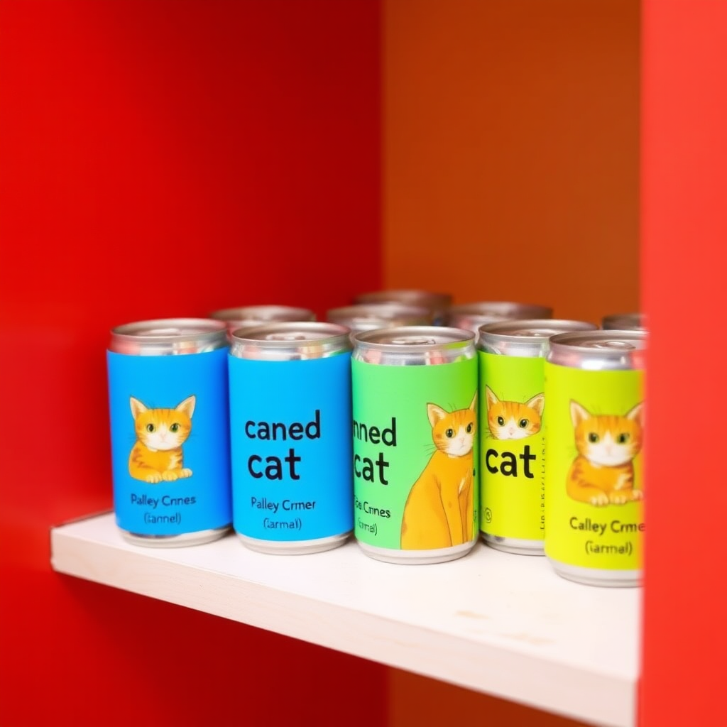 a small shelf with cans that have an image of a cat on the label and text saying "canned cat"