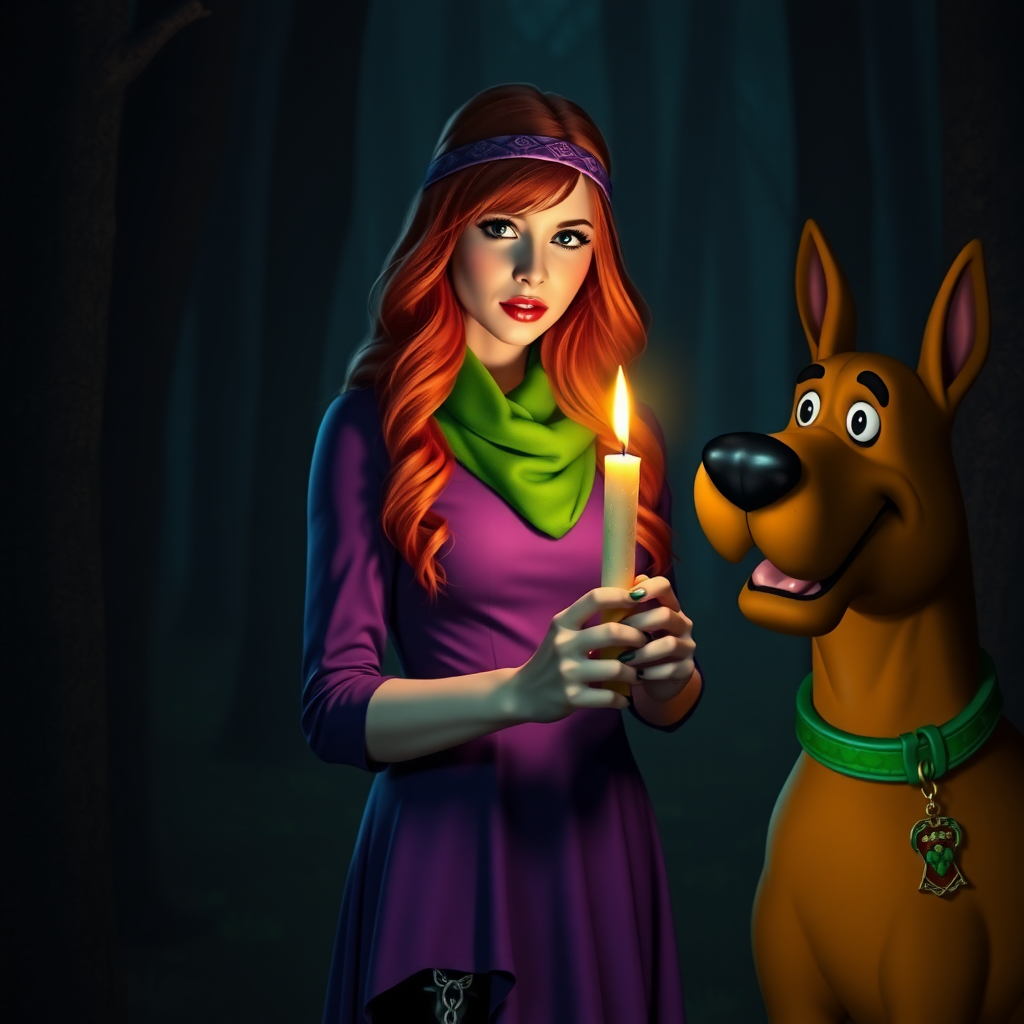 masterpiece, full body Daphne Blake, looks like Sarah Michelle Gellar, hyper realistic, realistic face, detailed face, wears headband and purple dress and green scarf, high boots, long red hair, is holding a lit up candle in the dark, next to a realistic dog that looks like Scooby Doo. She is in a very dark creepy forest . Marvelous, awesome, beautiful. Perfect hands, high detailed face, detailed skin, perfect eyes, eyeliner, large lashes, 60s look style, sexy, spicy look, scooby doo, front view, glitter