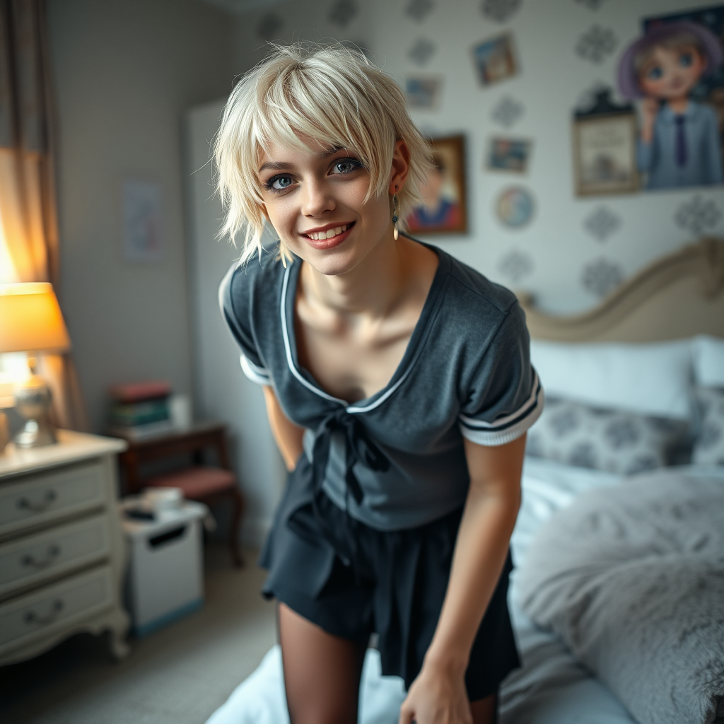 photorealistic, ultra high resolution, 16K, surreal fantasy, soft studio lighting, a pretty 16 year old goth male, slim male physique, short blonde hair, goth makeup, earrings, sheer pantyhose, UK girls-school uniform, Mary-Jane shoes, in the bedroom - , excited smile, facing the camera.