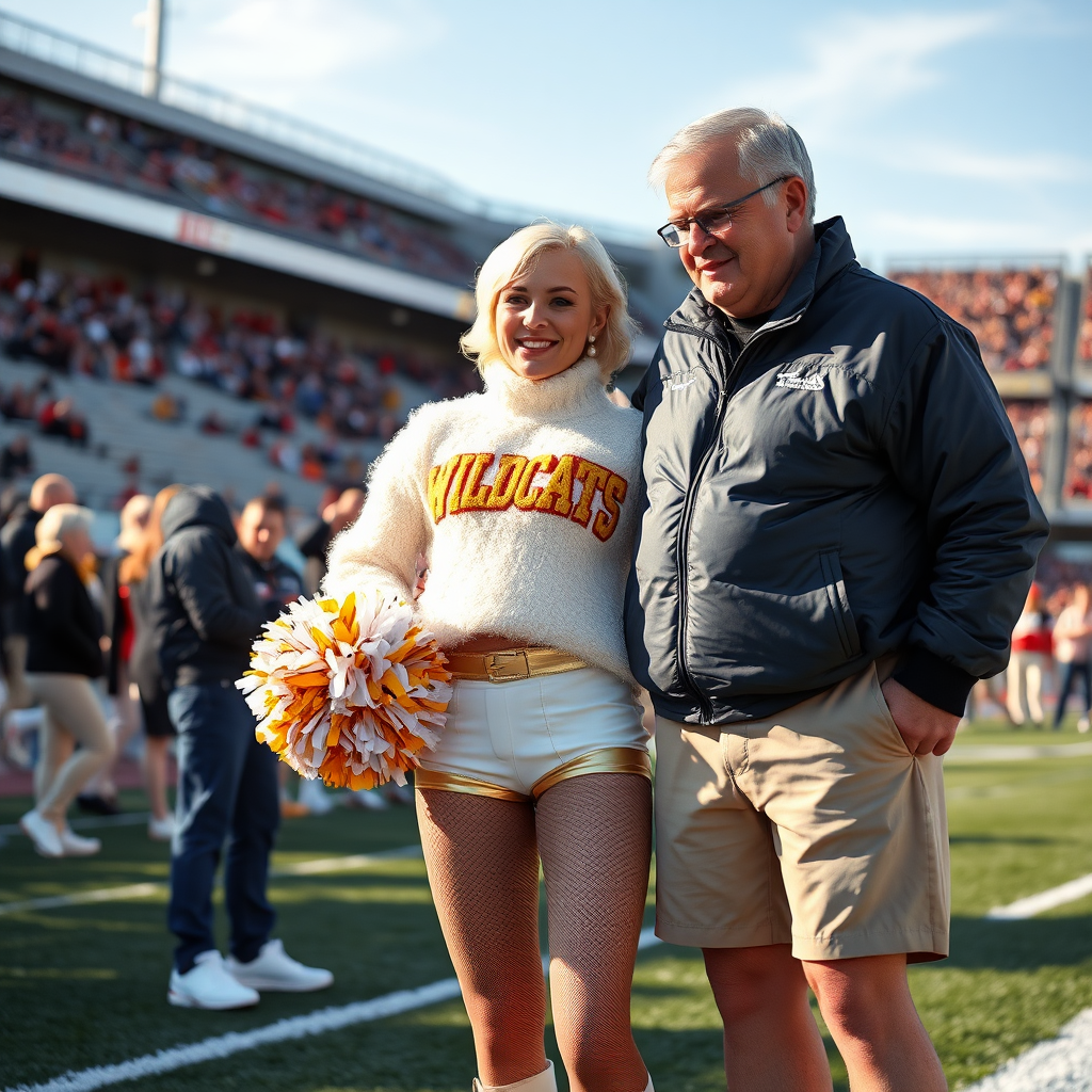 Sunny cold fall noon, college football stadium game, cheerleaders leader squat: Ana, European 17 years old very convincing femboy “QB’s trophy-bimbo,” tamed servile docile, very beautiful feminine flawless face, rather short boyish figure, platinum blond short tight curls, bold red lips, heavily made-up face, fluffy very fuzzy bright white plushy hazy thick angora turtleneck-sweater with “gold “WILDCATS” letters, vinyl gold short shorts, mesh pantyhose, white vinyl thigh-high boots with golden heels, large gold-white pompoms, pearl earrings, standing, shoulders slightly arched back, presenting her assets, talking with Hank: older tall overweight male visitor’s coach, wearing college football coach outfit, triumphant smile, nimbly patting Ana.