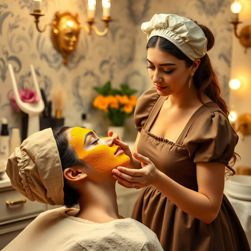 female french maid working in beauty parlour, giving turmeric facial to her clients