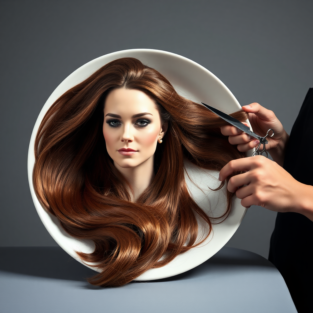 In a strikingly surreal scene, a beautifully crafted porcelain plate holds the disembodied head of a graceful Kate Middleton, her long, flowing hair cascading around like a luxurious waterfall of silky strands, shimmering in various shades of deep chestnut. Each hair seems to catch the light, creating an almost ethereal glow. Nearby, a meticulous hairdresser, dressed in a sleek black apron, carefully snips away at Kate's locks with precision scissors, their actions fluid and deliberate, emphasizing the delicate artistry of the moment.

The setting boasts minimalist decor, with a plain gray background that heightens the focus on this bizarre tableau. Soft shadows play across the smooth surface of the plate, enhancing the haunting beauty of Kate's serene expression, which conveys both elegance and an uncanny sense of stillness. The atmosphere is a blend of surreal calm and unsettling intrigue, pulling the viewer into a dreamlike space where reality and imagination intertwine. Gentle noises of scissors softly clipping away hair are the only sounds in this peculiar yet captivating scenario, heightening the tension and drawing viewers into this striking juxtaposition of beauty and the bizarre.