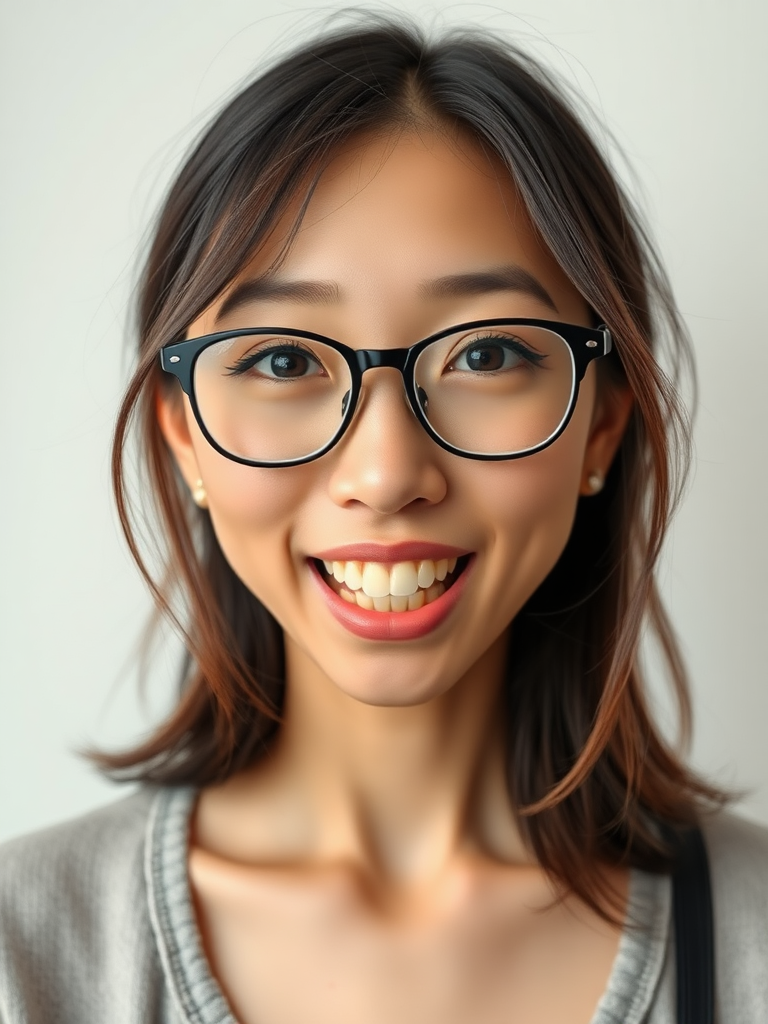 japanese nerdy skinny adult woman with big nose, big mouth, big yellowish teeth, moles, big eyeglasses and medium hair