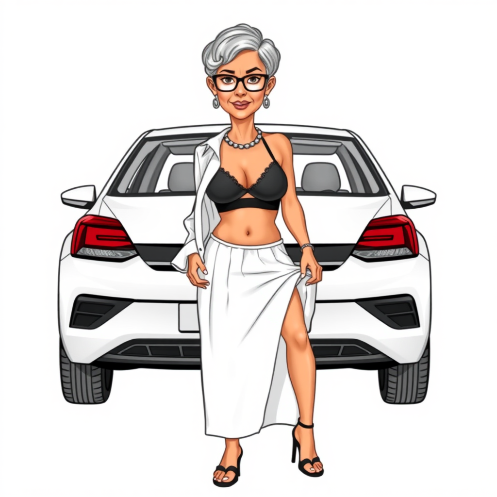 a towering 55 Years old, fit, slim, European, Latina, sharp aquiline nose, wrinkles, high cheekbones, Middle Eastern, Skinny, Tanned skin, Dark light skin, Rounded Medium breasts, Skinny thighs, full Makeup, jewelry, Serious face, Sharp nose, Ash hair, short bowl haircut, Brown eye color, Glasses, with detailed features. she is wearing an open white shirt, a black mesh balconette bras and a tight white high cut 1980s mesh cut out swimsuit and fully transparent white linen slit pleated mini skirt, detailed fabric, detailed fabric. full body, high heels sandals, rolling up her skirt over her thighs, she is inviting the viewer to get in the front passenger seat of her VW white Polo V, long establishing shot, 2D, caricature, cartoon, Sketch lines, coloring book, coloring book style on white background, well composed, clean coloring book page, No dither, no gradient, strong outline, No fill, No solids, vector illustration, realistic proportions