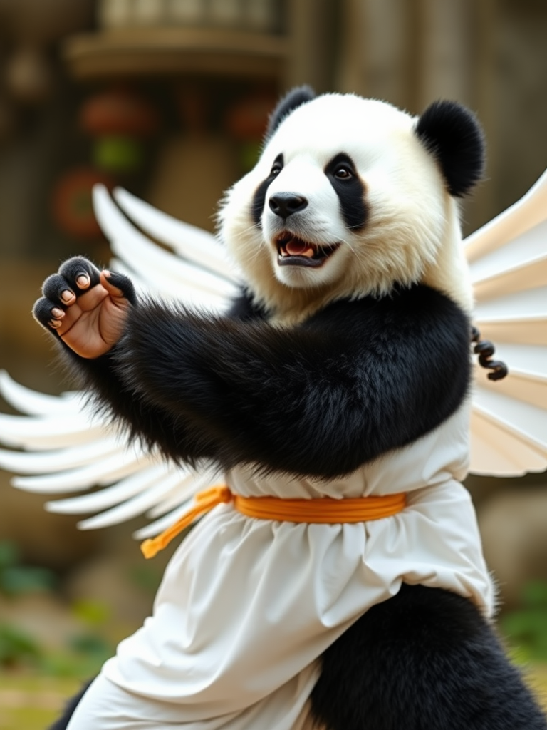 A photo realistic picture of a panda in a white crane pose performing kung fu.