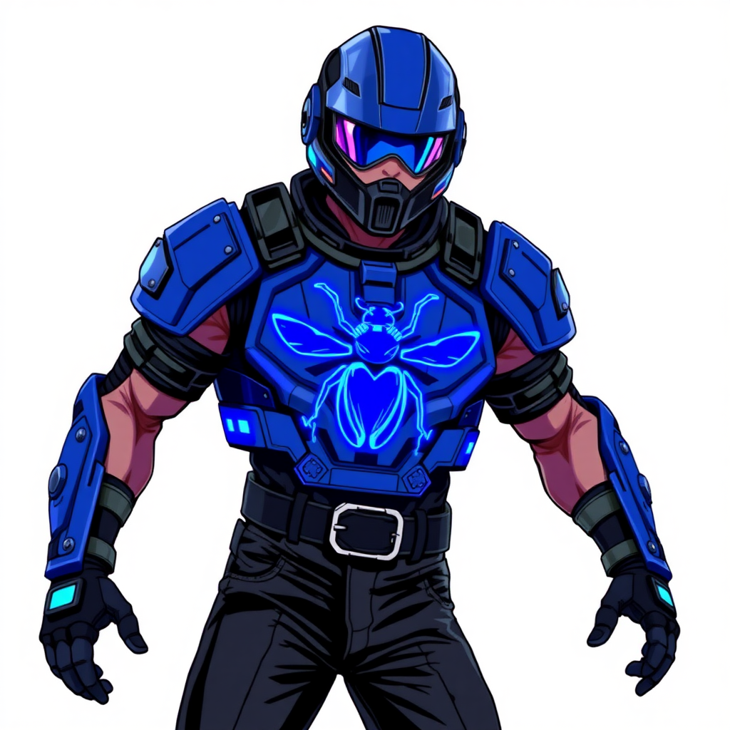 A 28-year-old cyberpunk vigilante stands heroically, clad in hi-tech, maximum blue tactical armor featuring a neon blue beetle on the chest. He wears black biker pants, a black belt with a sapphire beetle buckle, and a helmet resembling a sleek, tactical design, but colored maximum blue with neon blue lenses. Their hands are protected by black hi-tech gloves, all set against a solid white background. He is drawn as if he was in a retro 2D cyberpunk fighting game.