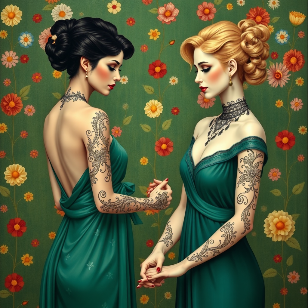 Prompt for painted picture with: In the Max Klimt style. The painted women (one is blonde and one is black-haired) with filigree henna tattoos on their hands and arms stand in front of a green Art Nouveau wallpaper with many small painted colorful flowers. They stand in a circle and hold each other's hands. You have very, very white make-up skin. The hairstyles are updo hairstyles in Art Nouveau.