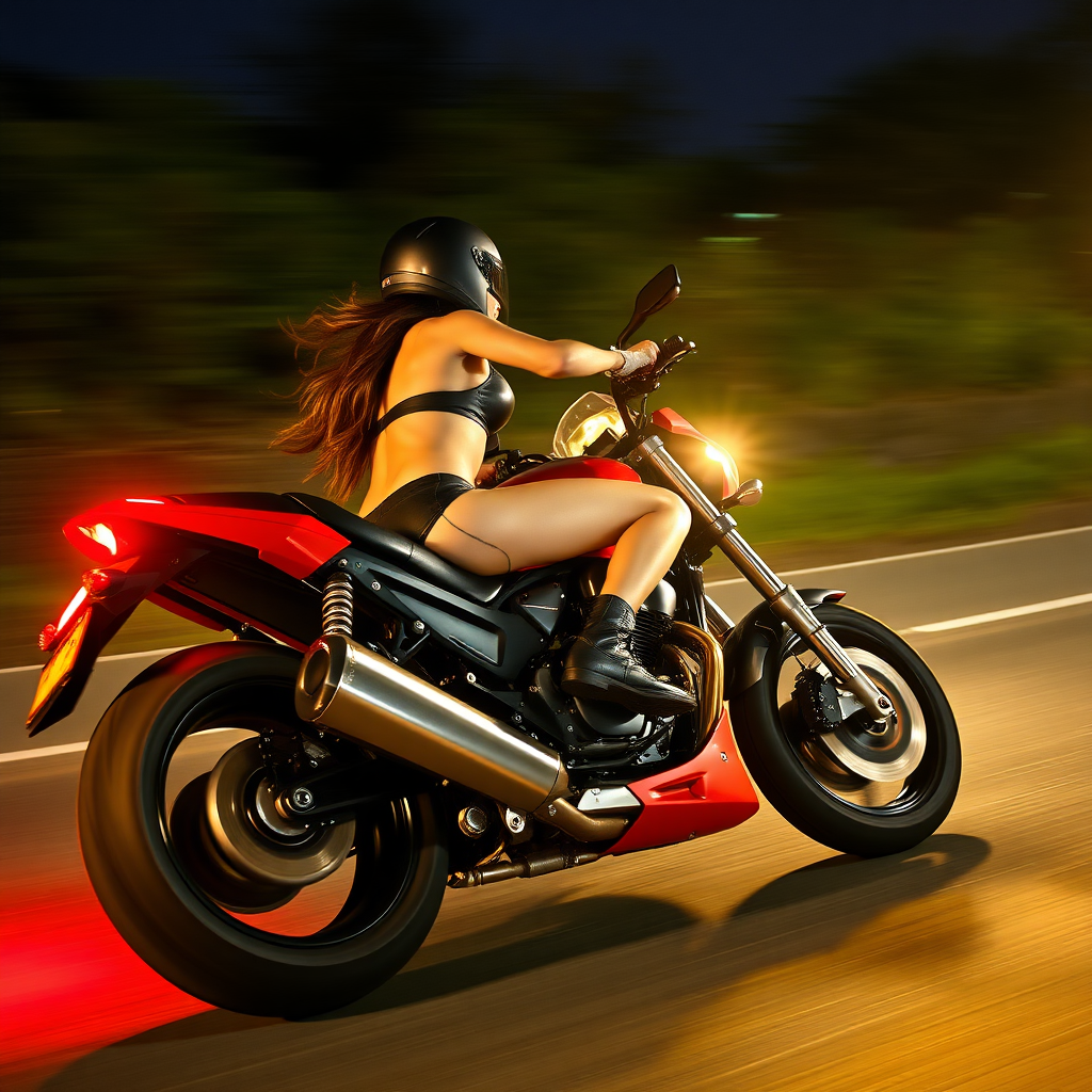 A sexy motorcycle rider in a leather bikini races through the night. She leans into the curve at high speed. The motorcycle tilts at a 45° angle. She is not wearing a helmet.