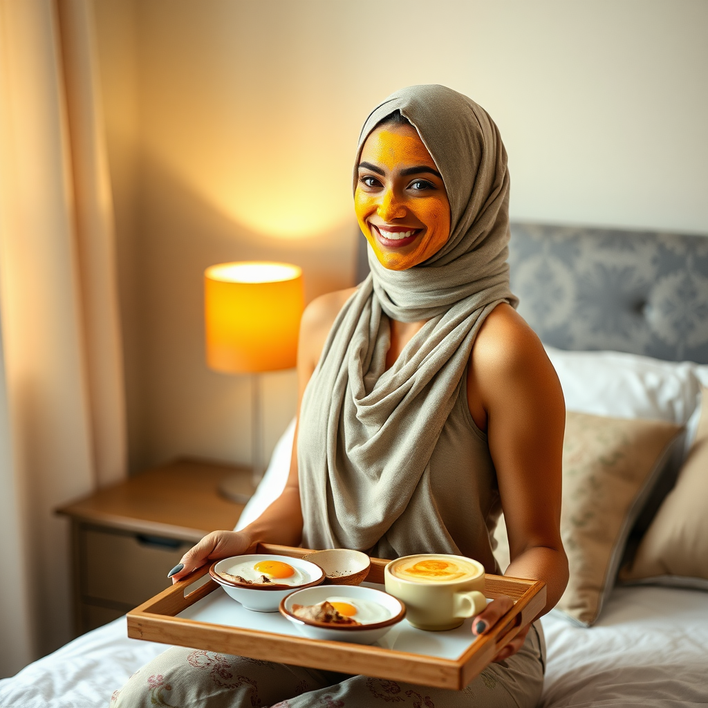 slim, 30 year old, sexy, indian wife, scarf head, turmeric face mask. She is smiling and serving breakfast on a tray on bedside table