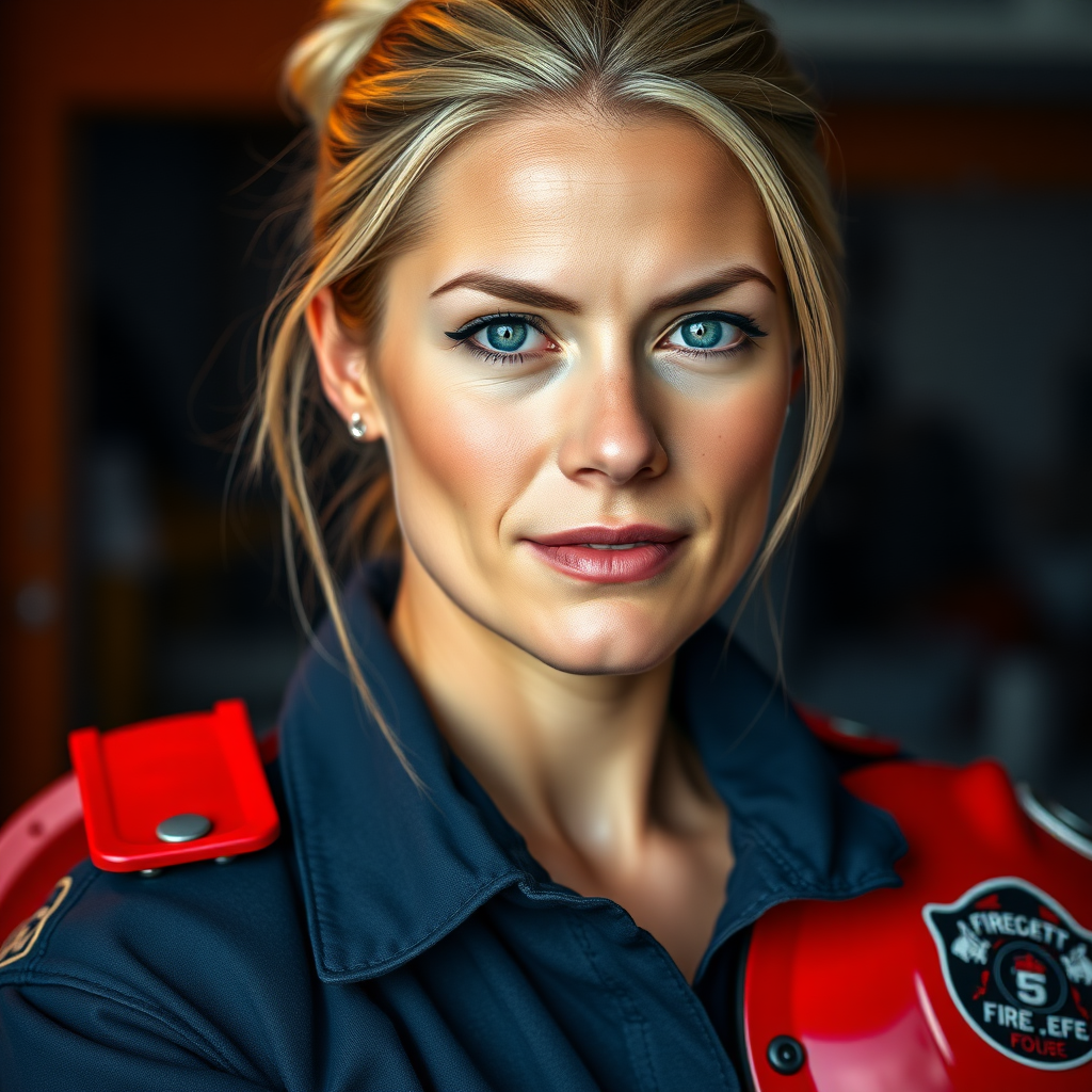 Portrait of a determined female Caucasian firefighter, mid-30s, with piercing blue eyes and ash-blonde hair tied back in a practical bun. Her face, lightly freckled and weathered from exposure, shows subtle laugh lines and a strong jawline. She wears a navy blue uniform with reflective strips, unbuttoned at the collar to reveal a hint of soot-stained skin. A red helmet is tucked under her left arm, bearing the emblem of her fire department. Her expression is a mix of confidence and compassion, with a slight furrow in her brow suggesting constant readiness. The portrait is lit dramatically, with warm orange tones reminiscent of firelight contrasting against cool blue shadows, creating depth and dimension. Shot with a medium format camera using an 85mm lens at f/2.8, capturing intricate details of her skin texture and uniform fabric. The background is slightly out of focus, hinting at a fire station interior. Composition follows the rule of thirds, with her eyes aligned on the upper intersection points. The overall mood is one of strength, dedication, and quiet heroism, embodying the spirit of modern firefighting professionals.