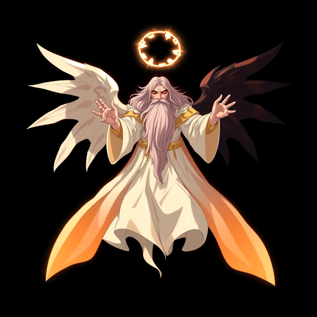 (Anime styled art) Black background of a divine yet sinister figure, floating ominously in mid-air. The being, known as YHVH, radiates both light and darkness, with four angelic wings on one side and two demonic wings on the other. A shattered halo hovers above its head, casting a fractured glow. Dressed in flowing robes of white, gold, and black, the figure's long beard sways gently in the air. Its fiery ember eyes burn with a wrathful intensity, exuding a presence both holy and malevolent.