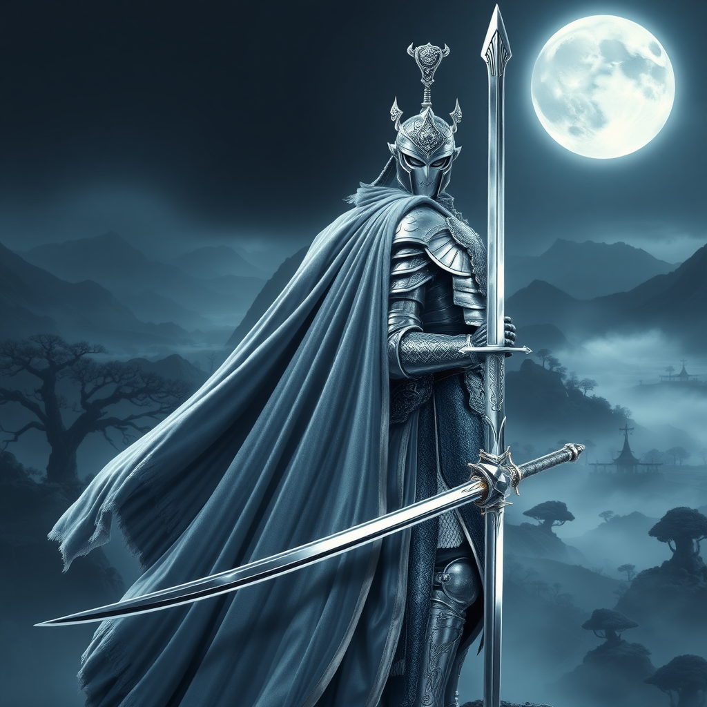 A striking image of the Silver Prince, a regal and imposing figure dressed in japanese inspired polished silver armor that gleams in the moonlight. His long, flowing cape sways behind him as he stands on a cliff overlooking a misty, mystical battlefield. His face is calm and composed, framed by a silver helmet adorned with intricate designs. In his hand, he holds a gleaming silver sword, the blade reflecting the eerie light of the moon. The atmosphere is both majestic and foreboding, with the distant silhouettes of ancient trees and mountains shrouded in mist. His presence exudes an aura of power, mystery, and an otherworldly strength, embodying both nobility and menace.