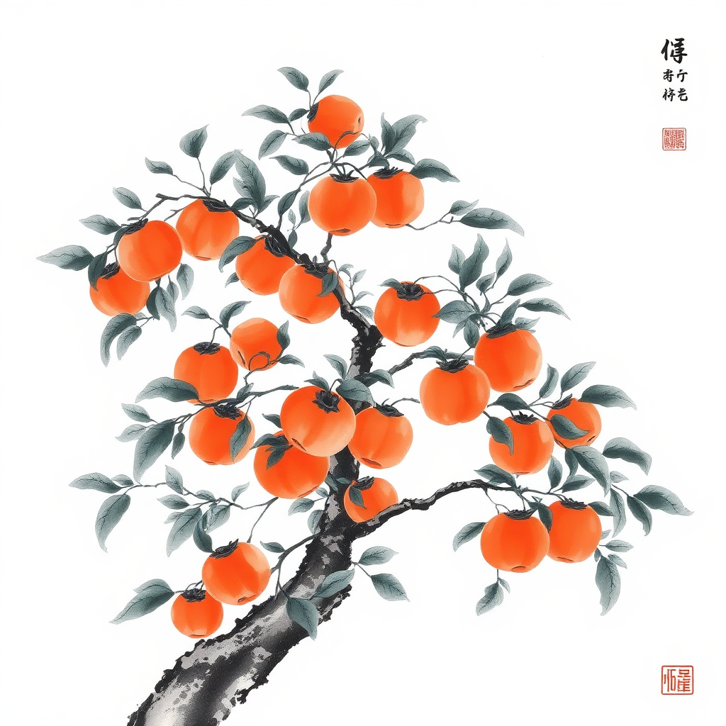 Persimmon tree, simplified details, concise shape, Chinese ink painting, ink style, traditional Chinese painting style, strong brush strokes, centered composition, pure white background, Qi Baishi, Wu Guanzhong,