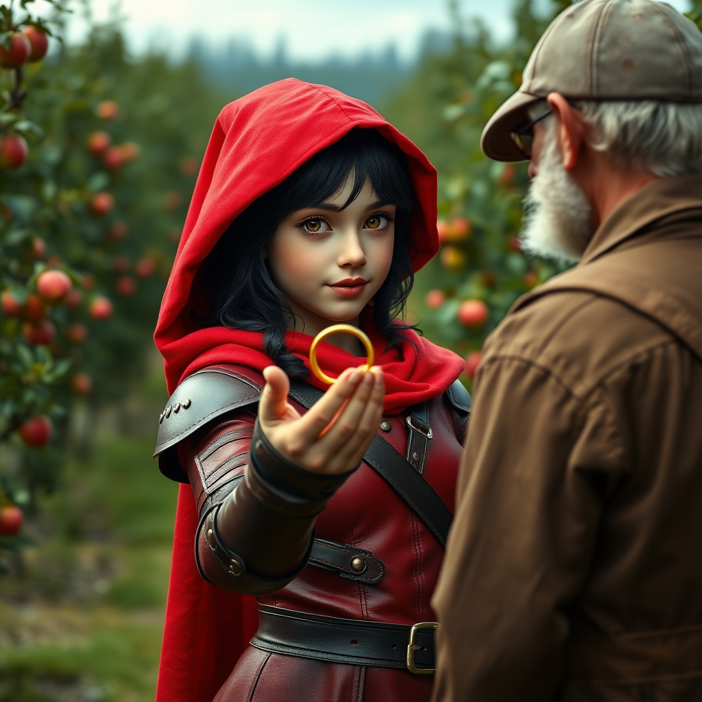 A photo realistic girl with black hair and brown eyes in red leather armor and a red hood holding up a small golden ring to an old man in dirty work clothes while standing in an apple tree orchard.