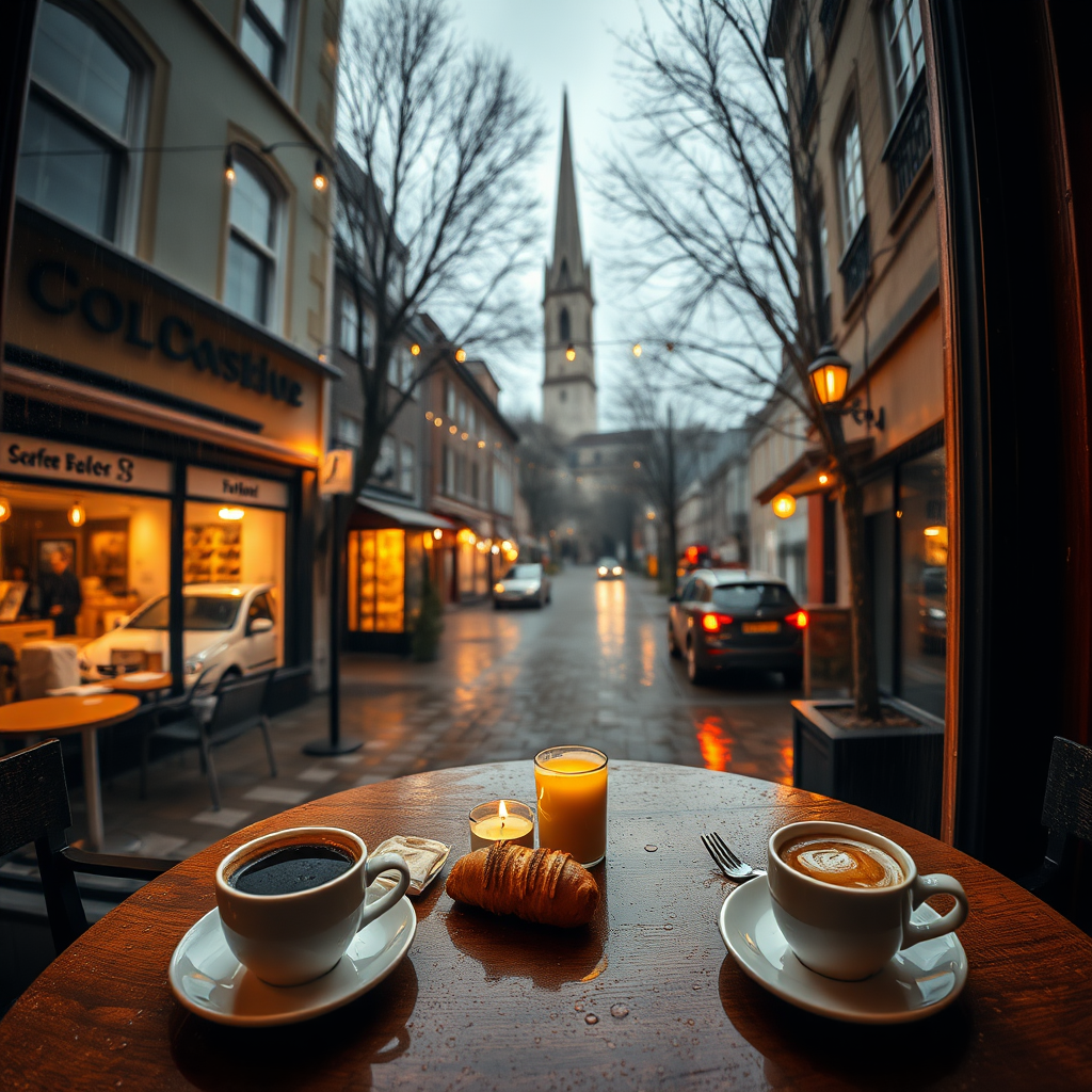 The 3/4 wideangle photo looks down on a cozy café scene on a rainy day, viewed from inside through a large window. The table in the foreground has two cups of coffee, small pastries, and a lit candle, with water droplets on the wooden surface, adding to the rainy ambiance. Outside the window, you can see a narrow, cobblestone street lined with small shops, warm glowing lights, and a few parked cars. In the distance, a tall church spire rises above the buildings, and the scene is framed by bare, leafless trees. Soft, warm lighting from the café and the string lights outside create a comforting and peaceful atmosphere, perfect for a relaxing rainy afternoon.