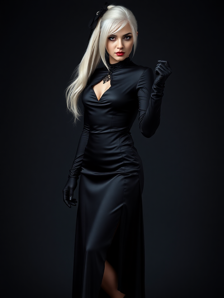 mature adult woman, skinny and tall, long legs, large shoulders, teardrop saggy small breast, long asymmetric undercut layered white hair, side swept bang, long white ponytail tied with a black lace, beautiful detailed face, piercing red eyes with intricate iris details, looking at the camera with a serious expression, wearing gothic style, black silk long sleeve top, black silk long skirt, black pantyhose, black gloves, black ankle boots, standing in a fierce pose with her head held high