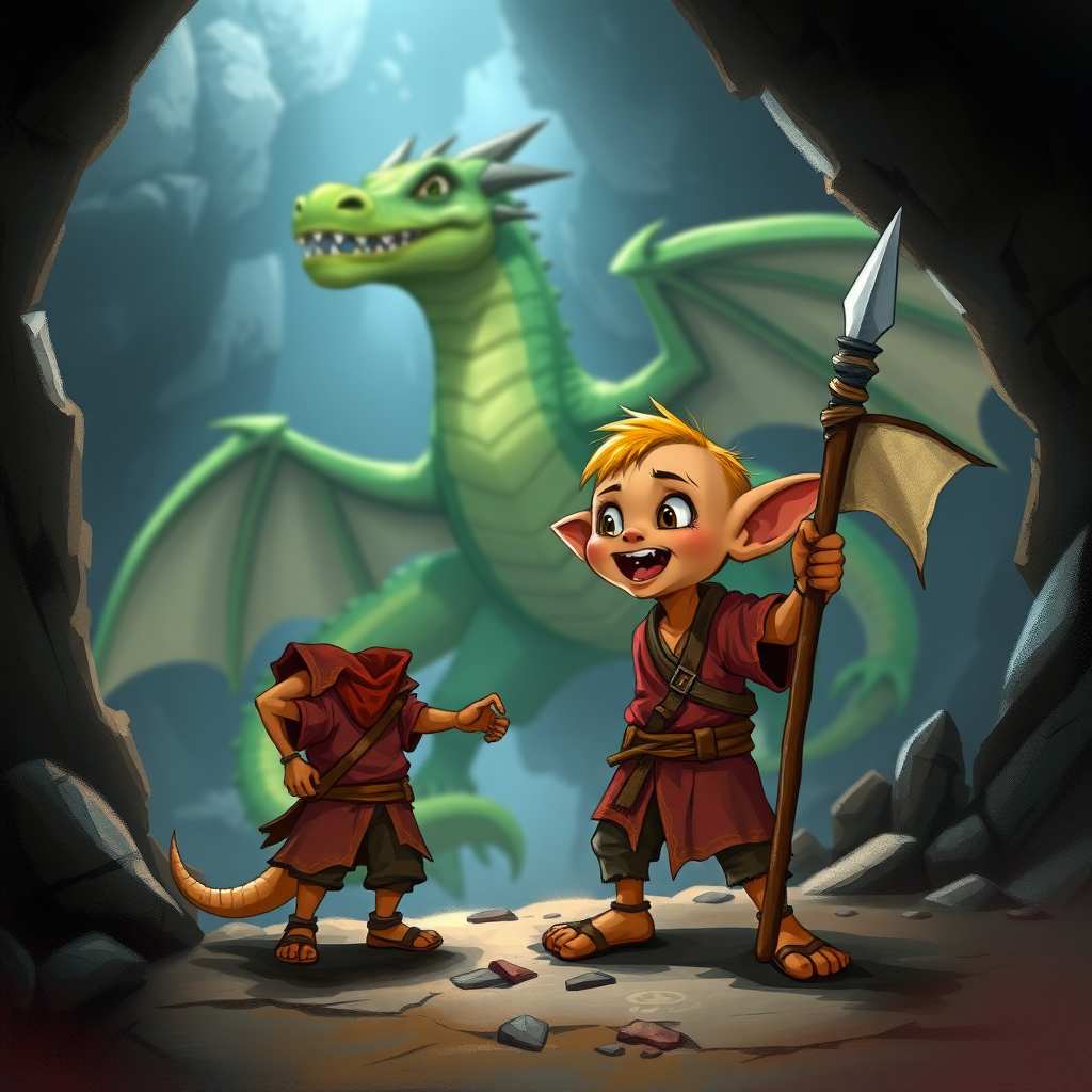 A small, skinny, light brown, excited kobold in a tattered red tunic and dirty brown pants wearing a quarterstaff on his back as he sees a large green dragon in a cave.