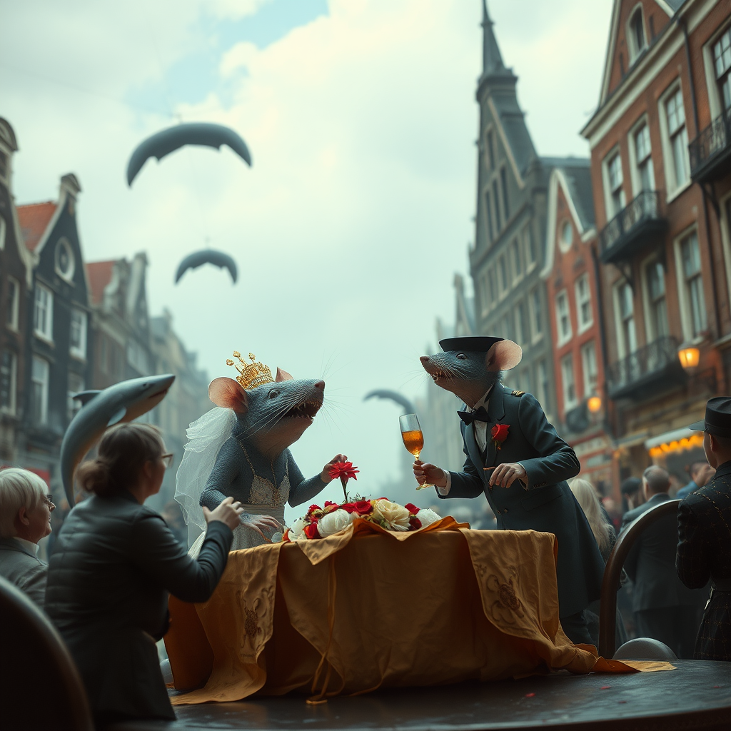 A rat wedding being attacked by hammerhead sharks, no text, Lovecraftian, in Amsterdam, steam punk, tacky