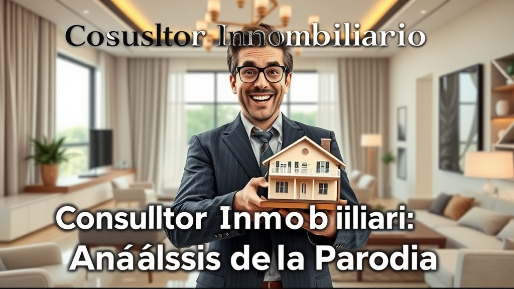 Create a YouTube thumbnail in 1280x720 resolution that shows a luxury apartment setting with a comedic twist. Include a character dressed as an over-the-top real estate consultant, smiling exaggeratedly while holding a house model. The background should feature modern, luxurious apartment interiors, but with humorous touches like oversized price tags or ridiculous amenities. Keep the text minimal, with phrases like 'Consultor Inmobiliario' and 'Análisis de la Parodia' in bold, clear fonts.