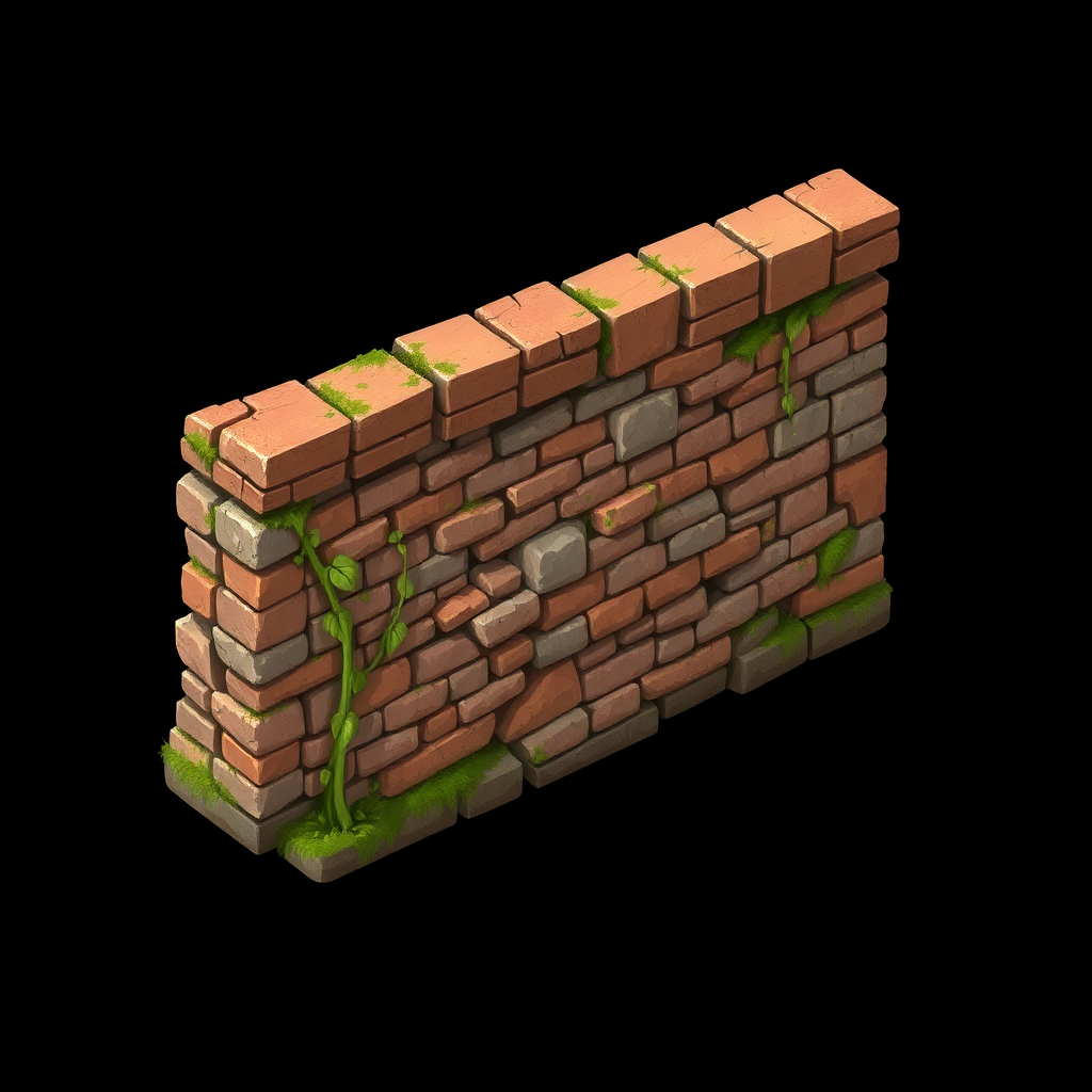 Create a section of a brick and mortar wall. The wall is shown in true isometric perspective in a style that combines fantasy game art and digital painting. Use soft lighting. The wall should look weathered and has vines and moss growing on it. The background must be plain black.