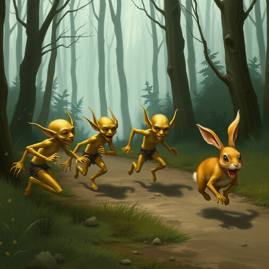 Several skinny, yellow goblins chasing after a fleeing bunny along a forest path.