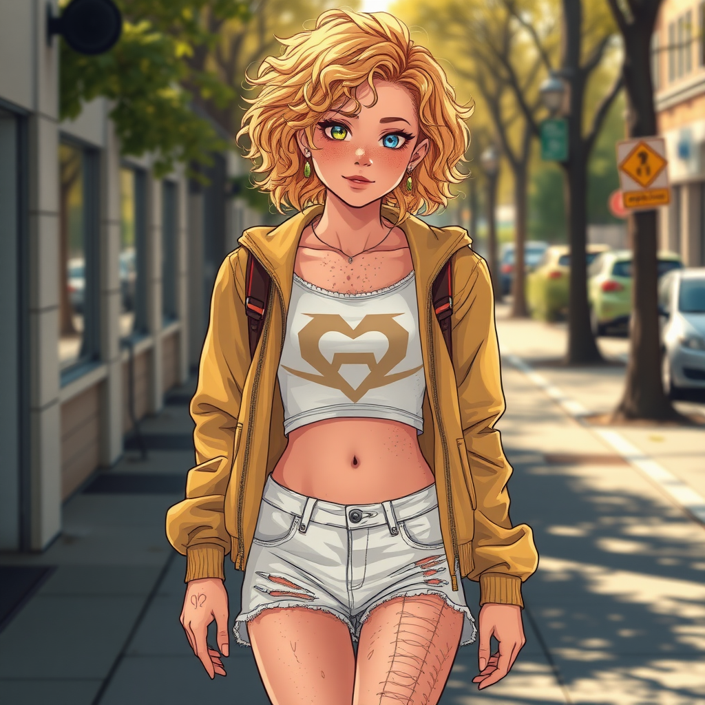 Ultra Realistic taken photo style image, Extremely good quality 8k resolution drawn manga image of a 15 year old petite and short tomboy girl with golden blonde curly hair with mixed and different colored eyes for each eye and moles on her entire body and is a white American girl, Has on a Gold Jacket over a white extremely short crop top only covering her breasts and nothing more with a design on it, and has on ripped shorts and cool looking sneakers and a deep and big cut type injury scar on her stomach from a huge injury she had, with a bright color backpack, ear piercings on, walking on the street to school in the morning with the beautiful sunlight lighting up her body beautifully.