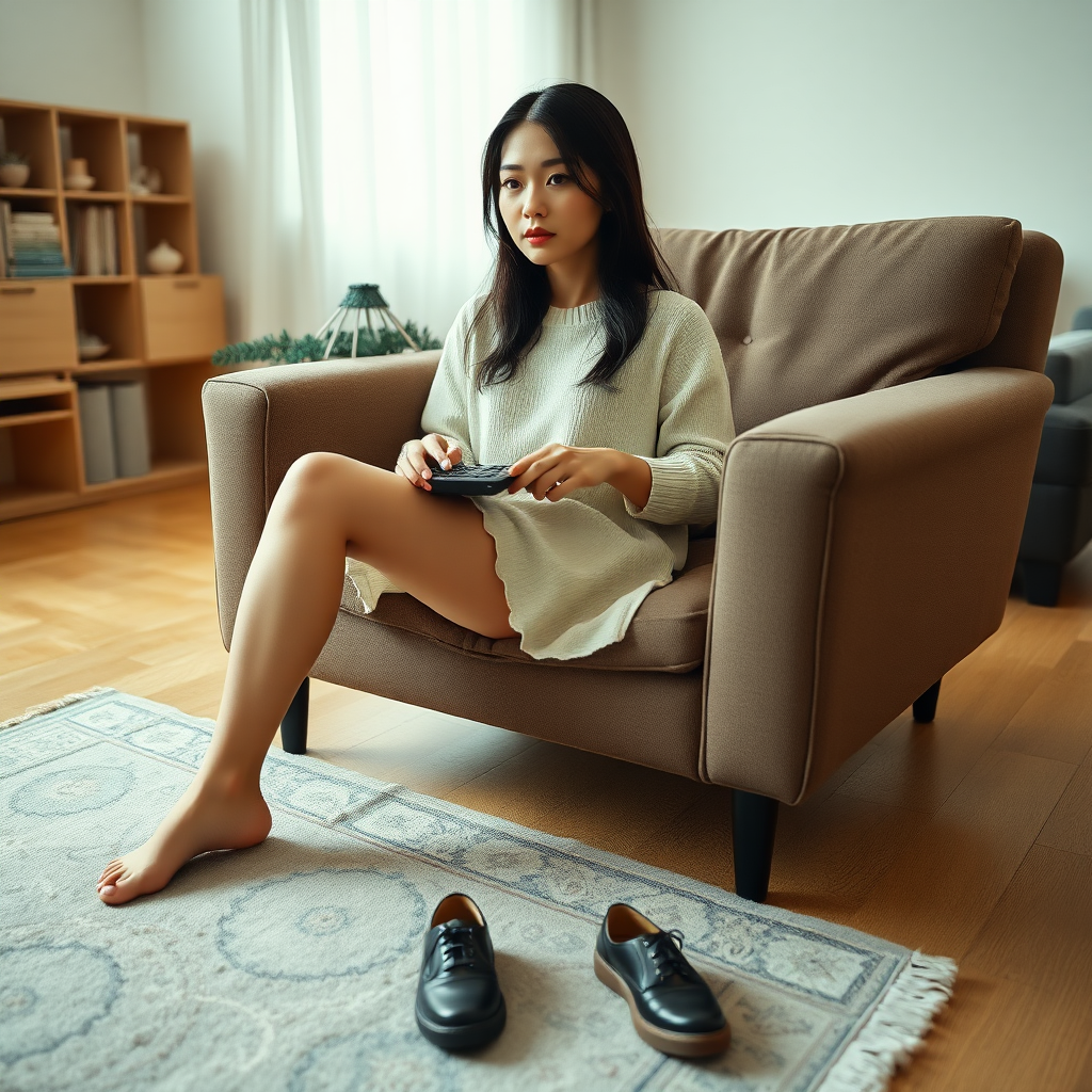 photo low angle full body shot beautiful xiaomeimei looking ahead. She is sitting on a chair in a living room. she looks tired. she holds a remote control. there rug on the floor in front of the chair. she is barefoot. her shoes lie on the rug