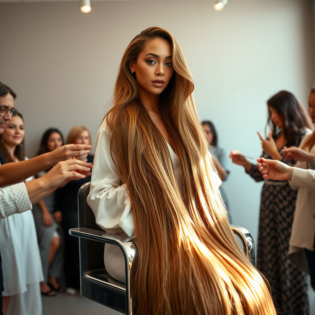 In an elegant, sunlit salon, adorned with soft, minimalistic decor, the stunning Beyoncé sits gracefully in a salon chair, her incredibly long, luxurious hair cascading like a flowing waterfall of silk down her shoulders and past her waist. The gentle glow of overhead lights highlights the rich, deep hues of her hair, each strand reflecting the brilliance of the space around her.

As an interactive long hair fetish performance art exhibit unfolds, curious visitors gather around, their eyes alight with fascination and excitement. Some eagerly reach out, gently grasping her hair between their fingers, feeling the smooth texture slip through their hands, while others playfully tug at it, testing the boundaries of their interactions. Each movement is accompanied by a symphony of soft gasps and murmurs of appreciation, enhancing the atmosphere of intimacy and connection.

The background is a simple, unobtrusive gray, allowing the artistry of the moment to take center stage. The air is charged with a sense of wonder and exploration, as visitors not only admire Beyoncé's hair but also engage in this tactile experience, deepening their understanding of the artistry behind her presence. Her expression is a mixture of serenity and playful engagement and submission, reflecting her comfort and trust in this unique performance, ultimately creating a captivating scene where art and audience intertwine seamlessly.