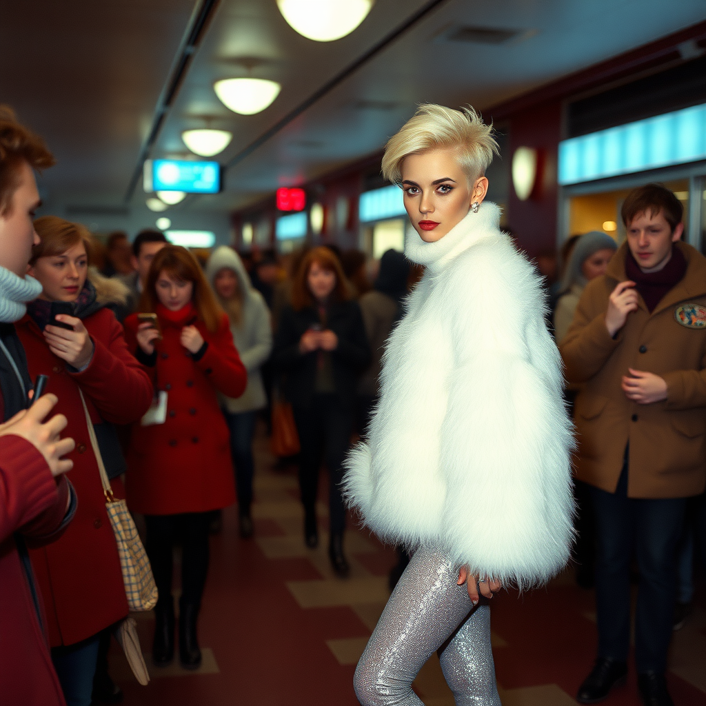 1990 winter evening, crowded cinema lobby: Sam, 19 years old beautiful involuntary femboy, rebellious intractable character, short petite boyish figure, platinum blond boyish rebel punk hairstyle, flawless heavily made-up face with sharp arched tattooed eyebrows, wearing Supertanya-style fluffy very fuzzy bright white angora thigh-length turtleneck-poncho fully covering body and arms, silver-glitter leggings, black leather high-heeled pumps, silver earrings, puzzled alarmed, pout serious, impatiently waiting for her master. Other taller visitors watching laughing taking pictures. Full view of scene.