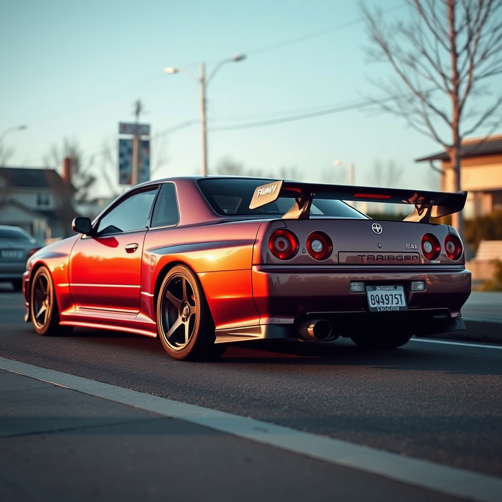 the car is parked on the side of the road, inspired by Taiyō Matsumoto, tumblr, restomod, nd4, c4 metallic shine nissan skyline r34