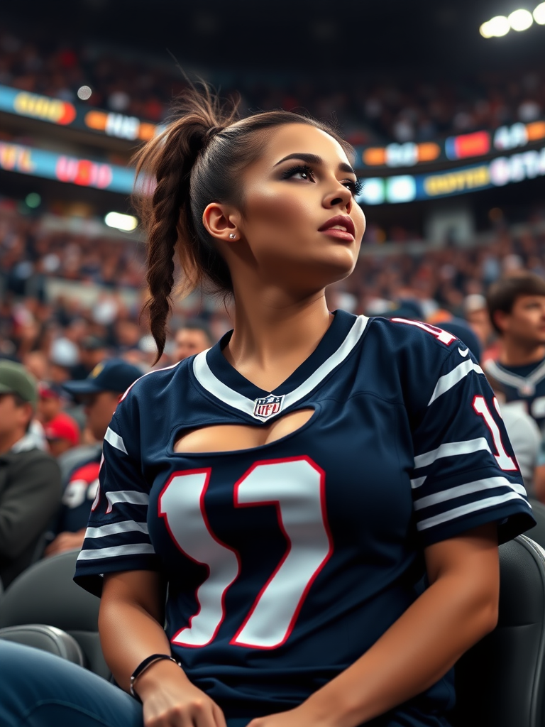 Attractive female NFL fan, pigtail hair, jersey, huge breasts, reacting to intense moment, sitting inside crowded NFL stadium