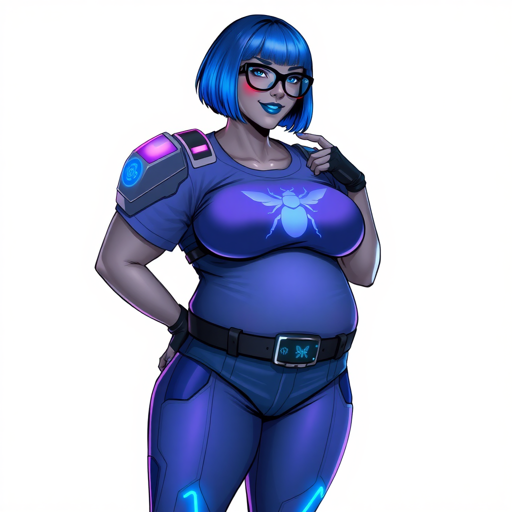 A 28-year-old, full-figured, middle gray skinned computer program hybrid with a maximum blue bob cut. She has a non-athletic build, highlighted by a prominent, round, large midsection (with emphasis on her large belly), which shows the aftermath of her pampering. As the heavily pampered digital sidekick to her cyberpunk vigilante boyfriend, her middle gray metallic skin and maximum blue lipstick emphasize her digital nature. She wears a digital, computerized costume inspired by DC’s Carrie Kelly Robin, consisting of a huge, tight-fitting, maximum blue t-shirt with a neon blue glowing chest icon of a beetle, hi-tech shoulder pads with neon blue accents, a black hi-tech belt with a digital neon blue glowing buckle, digital maximum blue pants with neon blue accents, and black hi-tech fingerless biker gloves with neon blue glowing accents. Her neon blue glowing eyes, black eyeglasses with a neon blue glowing HUD built into the lenses, and shy smile with neon red blush accentuate her nerdiness. She stands bashfully with one hand behind her back and the other hand gently touching her cheek, her costume covering all her skin and emphasizing her full-figured physique (especially her belly). She is clearly non-athletic, with a focus on her full-figured physique. Despite her build, she radiates beauty. She has a slim face compared to her physique, accentuating her radiant beauty. She is on a solid white background. She is drawn as if she were in a retro 2D cyberpunk fighting game.