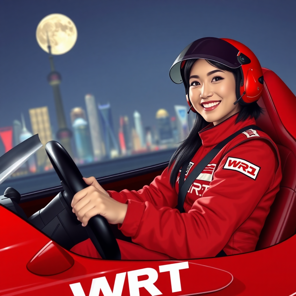 A Chinese beauty racer, she is smiling, driving a red racing car, with only "WRT" written on the car body. The red racing suit also has only "WRT" written on it, with the background of the Shanghai nightscape and a huge moon.