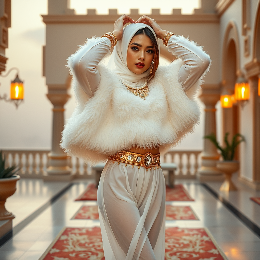 Kuwait desert palace harem patio misty dawn: Melissa, European 17 years old very convincing femboy “trophy-bimbo”, tamed servile docile, very beautiful feminine flawless face, rather short, by hormones very curvaceous womanly figured, heavily made-up eyes, wearing Supertanya-style fluffy very fuzzy bright white angora turtleneck-poncho cropped ending under bust decorated with pearls and gemstones, striking oriental wide gold bridal protection belt, white fully transparent harem pants, full Oriental bridal jewelry, face covered by white sheer full Burka, coin anklets, striking diamond “$$$” letter brooch on left chest, pout frustrated, seductively dancing for the sheik, hands high over her head, looking at camera. Full side view.