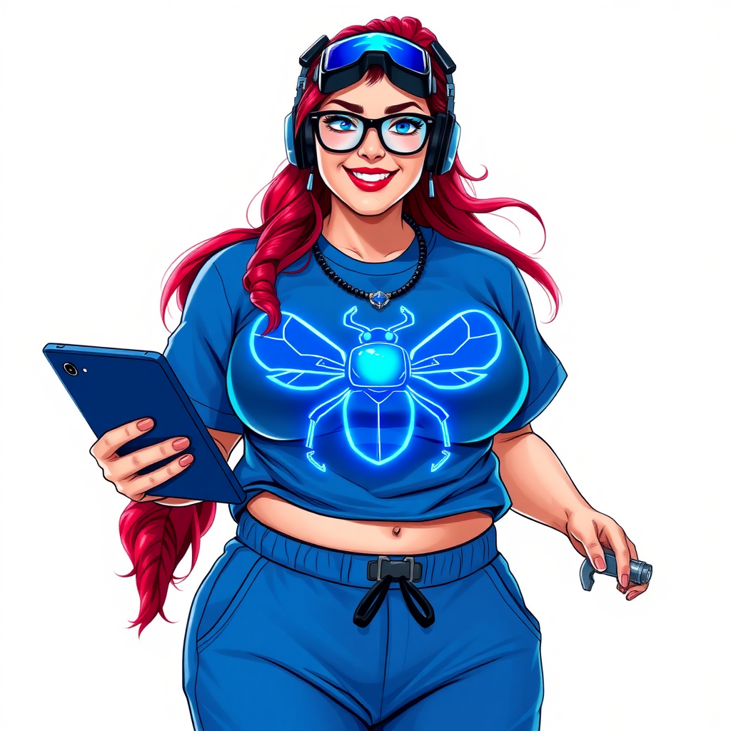 A cyberpunk vigilante’s full-figured intelligent and tech-savvy 29-year-old girlfriend, who is a computer hacker and tech genius. She has a long ruby red ponytail and bright blue eyes. She wears a sapphire beetle gemstone necklace, an oversized Maximum Blue (RGB 71, 171, 204) t-shirt featuring a giant neon blue glowing chest icon of a winged beetle, and matching Maximum Blue (RGB 71, 171, 204) sweatpants. She has a full-figured physique with a prominent, gargantuan, well-rounded midsection, reflecting her well-cared-for lifestyle. She sports a sapphire headset with a hi-tech sapphire lensed HUD visor, Maximum Blue (RGB 71, 171, 204) lipstick, black eyeglasses, and a beaming smile with a passionate bright red blush. Despite her figure and a lack of self-esteem, she radiates an air of beauty. She has an angular face which contributes to her radiant beauty. She serves as his tech expert from his hideout, holding a holographic tablet and a hi-tech tool wrench. The background is solid white. She is drawn as if she was in a retro 2D cyberpunk fighting game. Make sure her outfit covers her midsection.