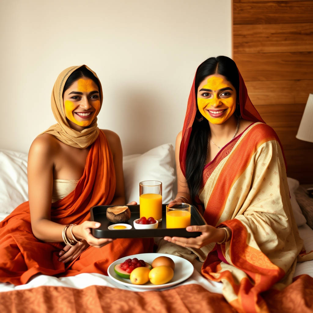 slim, 30 year old, sexy, 2 indian wives, scarf head, turmeric face mask. They are smiling and serving breakfast on a tray on bedside table