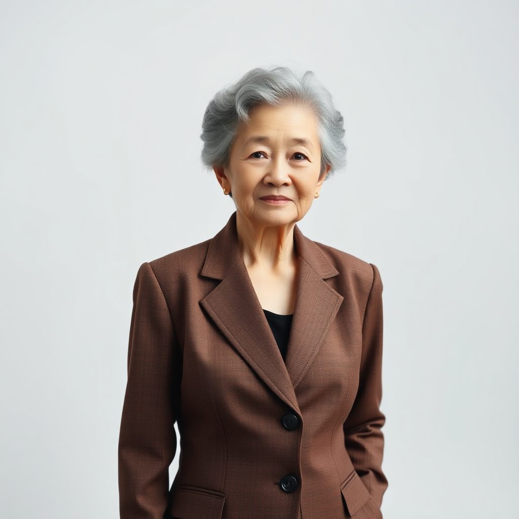 80 age old korean woman, front, woman suit, photo studio background,