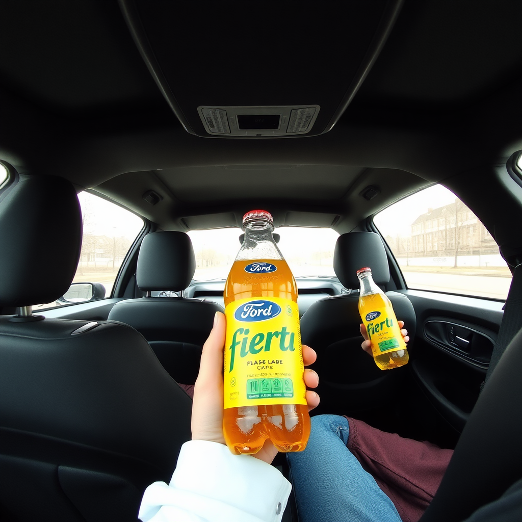 Third-person view outside of a Ford Fiesta full of "club-mate" energy drink bottles