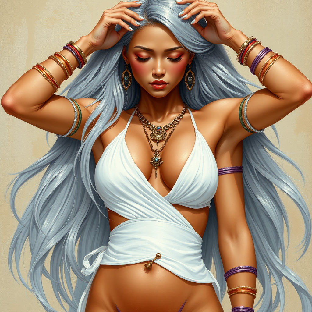 Girl, toned and muscular and has abs. silvery flowing hair. Her fingers and toenails are painted sky-blue. Her attire consists of a white primitive scant revealing two-piece bikini-like outfit with pale red, sky-blue, gold and purple bands on her neck, arms, wrists, shins, and ankles. Tan skin. Asian face. Tilted Sexy exaggerated pose. Hands on head, exposing armpits. fantasy painting high contrast, well-drawn, highly detailed, and beautiful rendering. Eyes closed