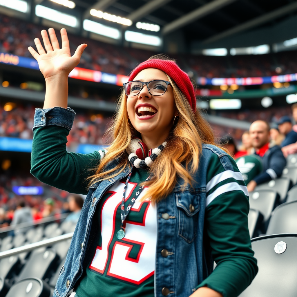 Attractive female NFL fan, cheering, inside NFL stadium, at bleacher row