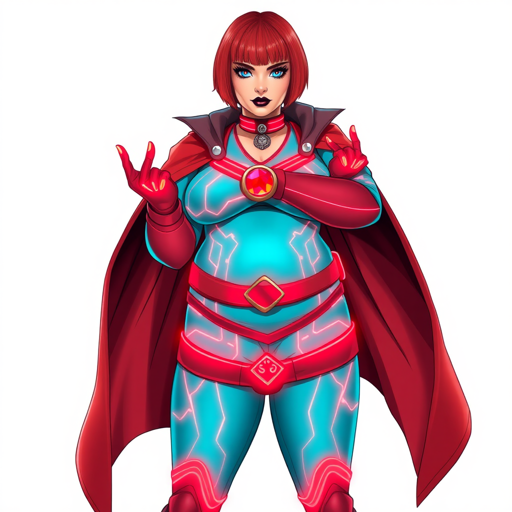 A 26-year-old, heavy-set, magical girl vigilante detective becomes the heavily pampered, heavy-set, mystical ally of her cyberpunk vigilante older brother figure. She has a bright red bob cut, black lipstick, and piercing bright blue eyes. Her non-athletic build is highlighted by a prominent, round, gargantuan midsection, full emphasis on her gargantuan belly, reflecting her pampered lifestyle. Despite her physique, she exudes full confidence. She wears a magical girl costume with a cyberpunk vigilante detective motif, consisting of a tight-fitting, maximum turquoise bodysuit that heavily accentuates and fully emphasizes her gargantuan belly, maximum turquoise biker pants, a glowing neon red cape, a mystical ruby amulet (the source of her mystical powers), and magical red gloves glowing neon red. The bodysuit features glowing neon lines and circuit patterns that wrap around her belly, drawing attention to her pampered physique. A glowing neon red belt sits above her belly, further accentuating its size. Her costume covers all her skin and accentuates her full-figured physique, especially her gargantuan belly. She stands firm and resolute, arms crossed, exuding a no-nonsense attitude. Her costume reflects the influence of DC New 52 Prime Earth’s Phantom Lady, Jennifer Knight, while her pose embodies the moral ambiguity and determination reminiscent of DC’s Pax Americana’s The Question. She is depicted on a solid white background, drawn as if she were in a retro 2D cyberpunk fighting game. Her non-athletic build is clearly emphasized, with a full focus on her gargantuan belly. Ensure her costume covers all her bare skin, particularly her gargantuan belly.