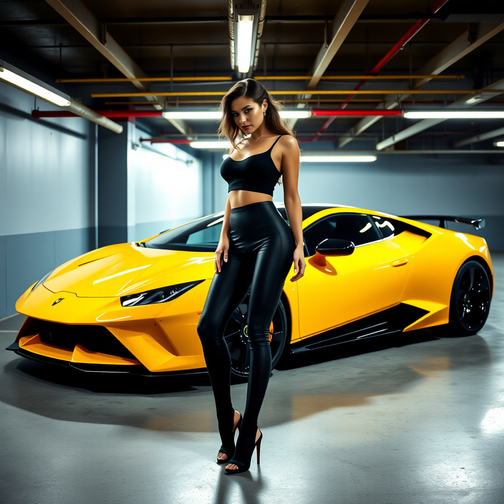 A vibrant underground parking garage scene featuring a striking yellow luxury sports car. The setting is illuminated with harsh fluorescent lighting, creating sharp contrasts and deep shadows. The focus is on a figure wearing a fitted black crop top and high-waisted black leggings, emphasizing a sleek silhouette. The car's glossy finish reflects the surroundings, enhancing the modern aesthetic. The walls are painted in a subtle gray tone, adding a cool, urban feel to the composition. The overall color palette includes bold yellows and deep blacks, evoking a sense of energy and sophistication. The style leans towards hyperrealism, capturing intricate details and textures in both the clothing and car.