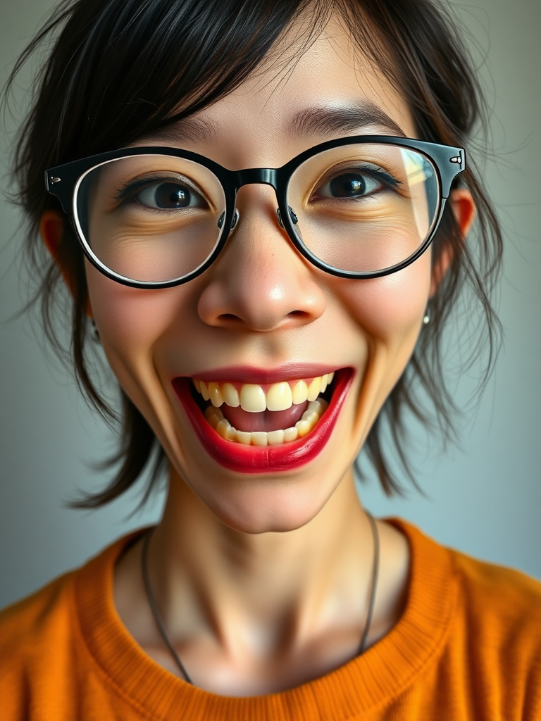 japanese nerdy skinny adult woman with big nose, big mouth, big yellowish teeth, moles, big eyeglasses and medium hair